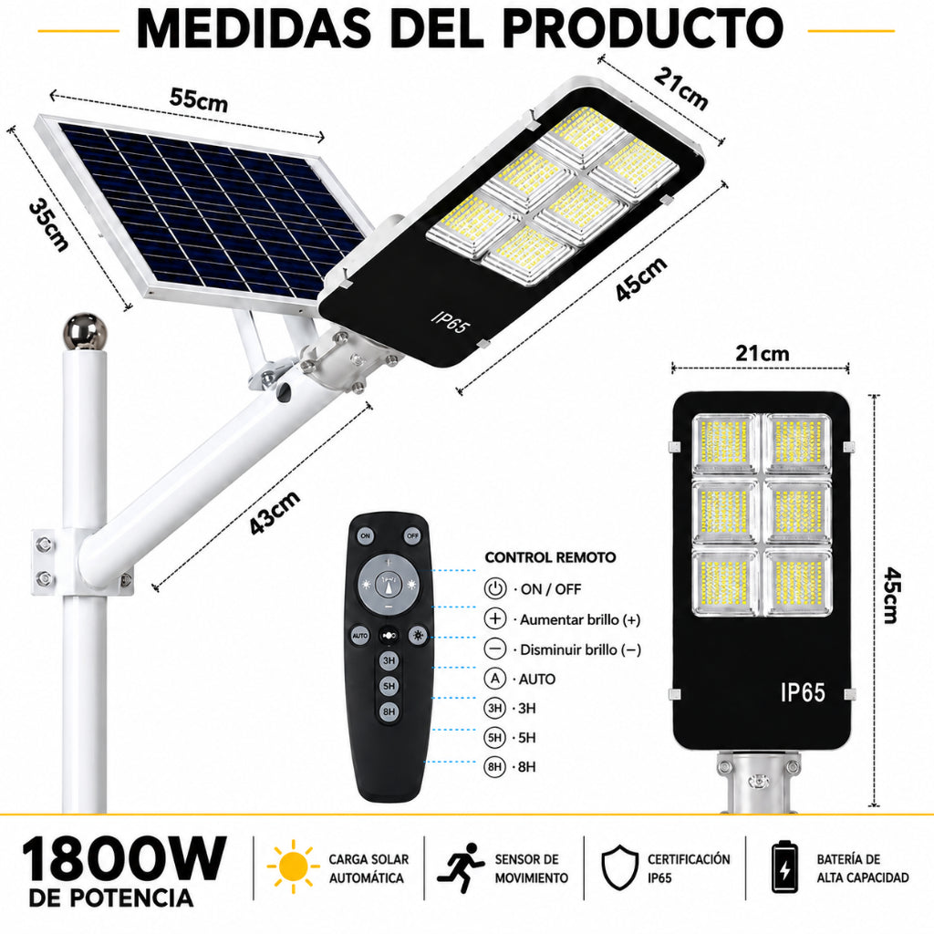 Reflector Led Solar 1800w Con Soporte Panel Y Control