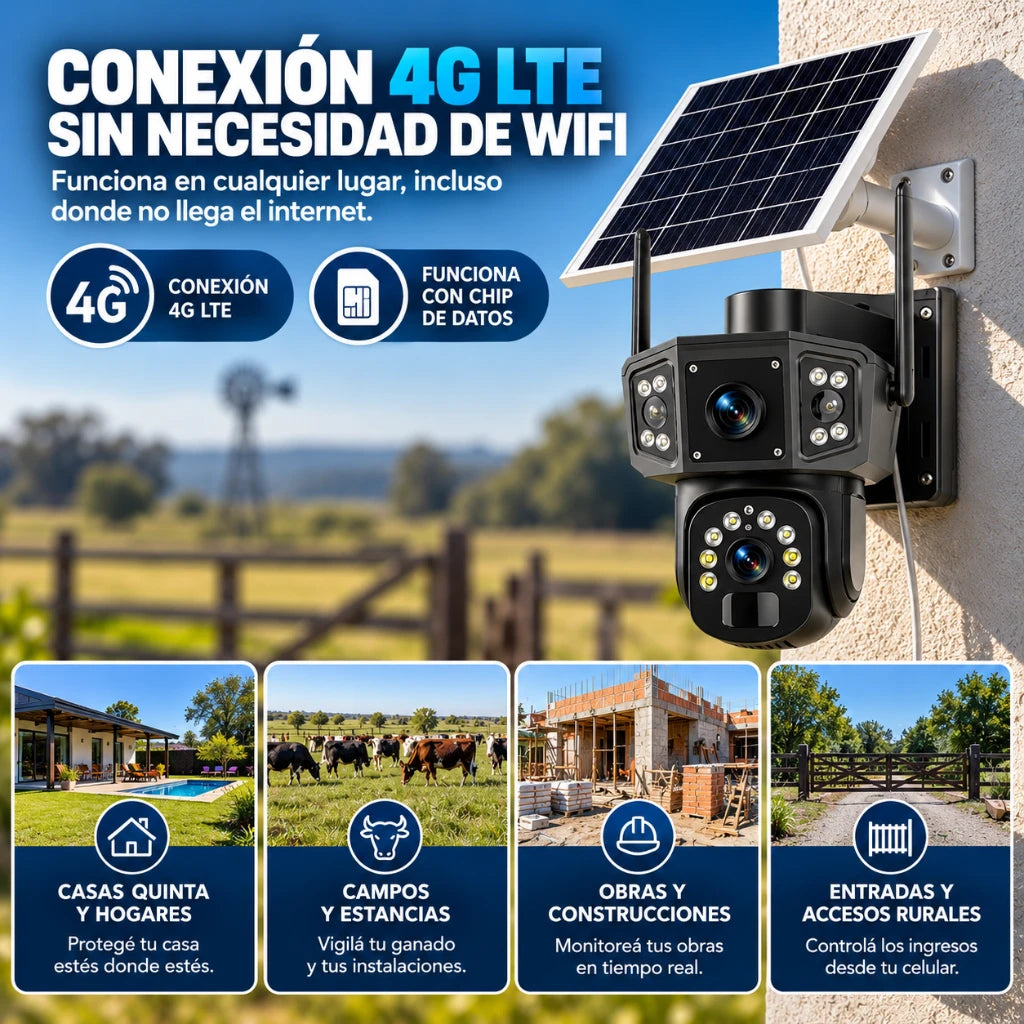 Cámara Seguridad Solar Wifi Exterior Ptz 360° Doble Lente Alarma
