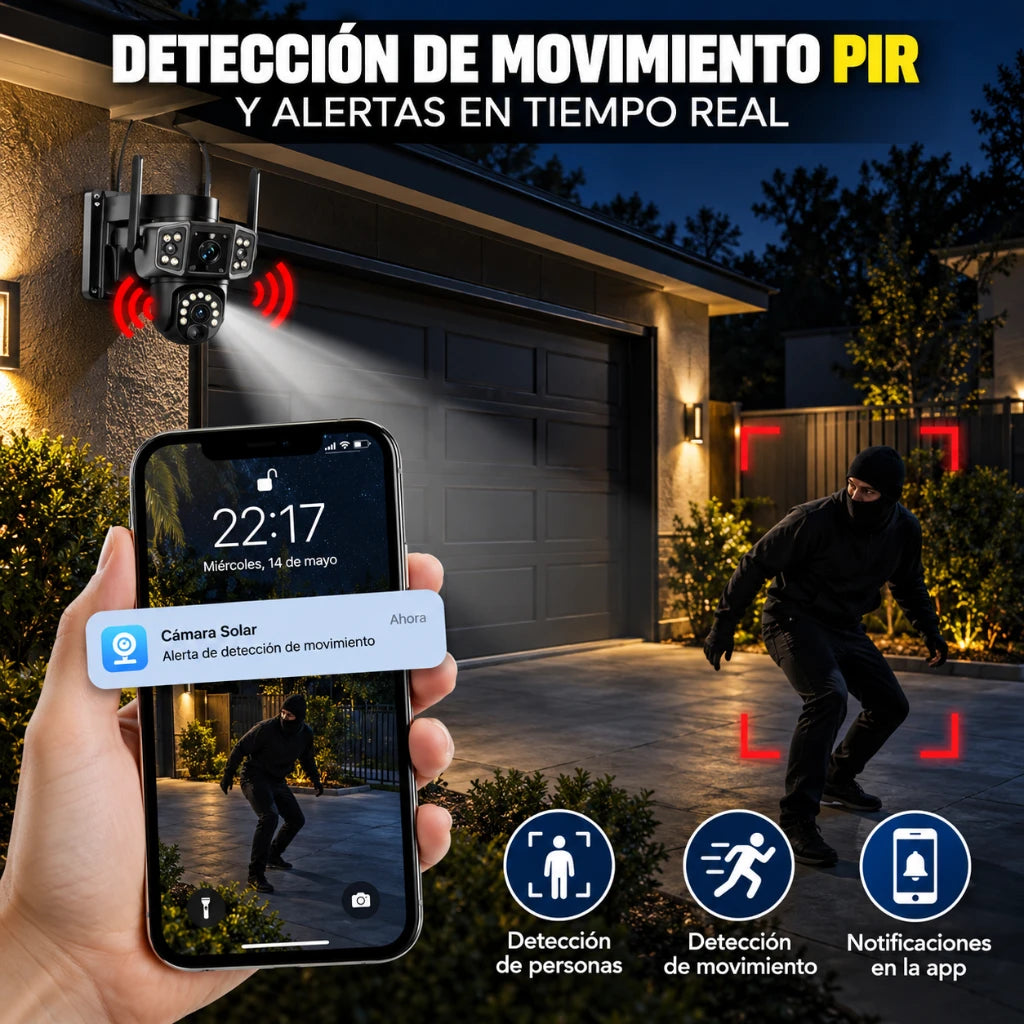 Cámara Seguridad Solar Wifi Exterior Ptz 360° Doble Lente Alarma
