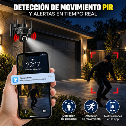 Cámara Seguridad Solar Wifi Exterior Ptz 360° Doble Lente Alarma