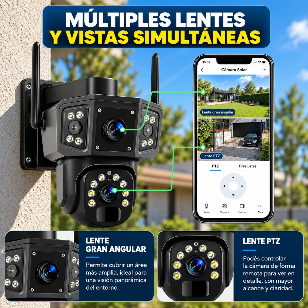 Cámara Seguridad Solar Wifi Exterior Ptz 360° Doble Lente Alarma