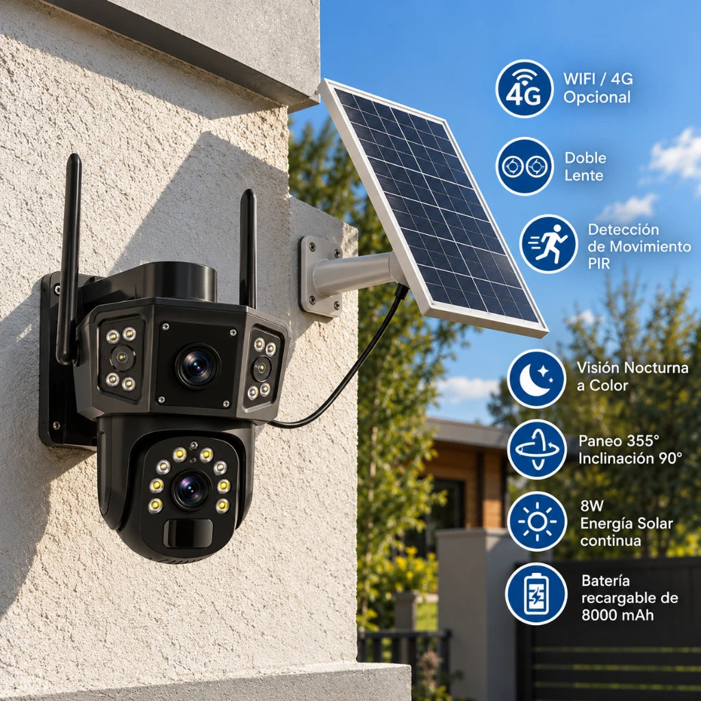 Cámara Seguridad Solar Wifi Exterior Ptz 360° Doble Lente Alarma