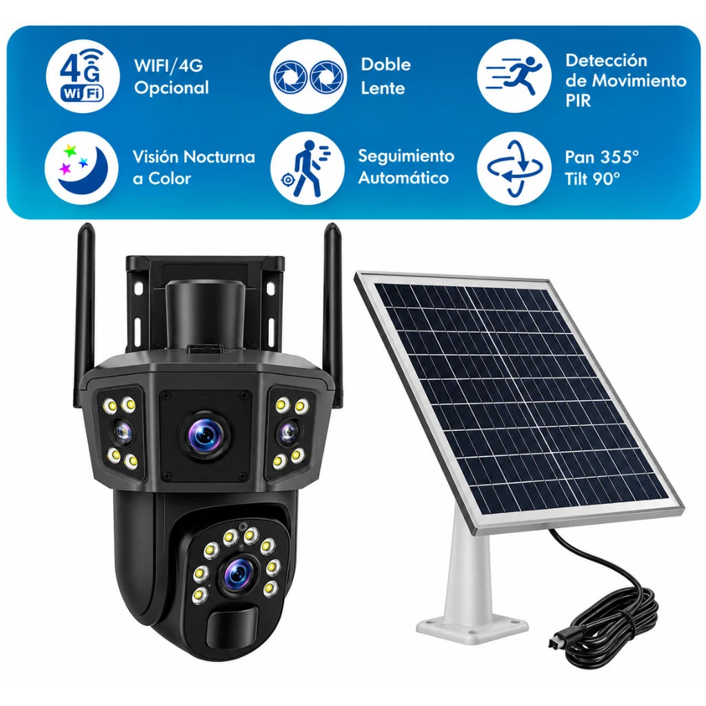 Cámara Seguridad Solar Wifi Exterior Ptz 360° Doble Lente Alarma
