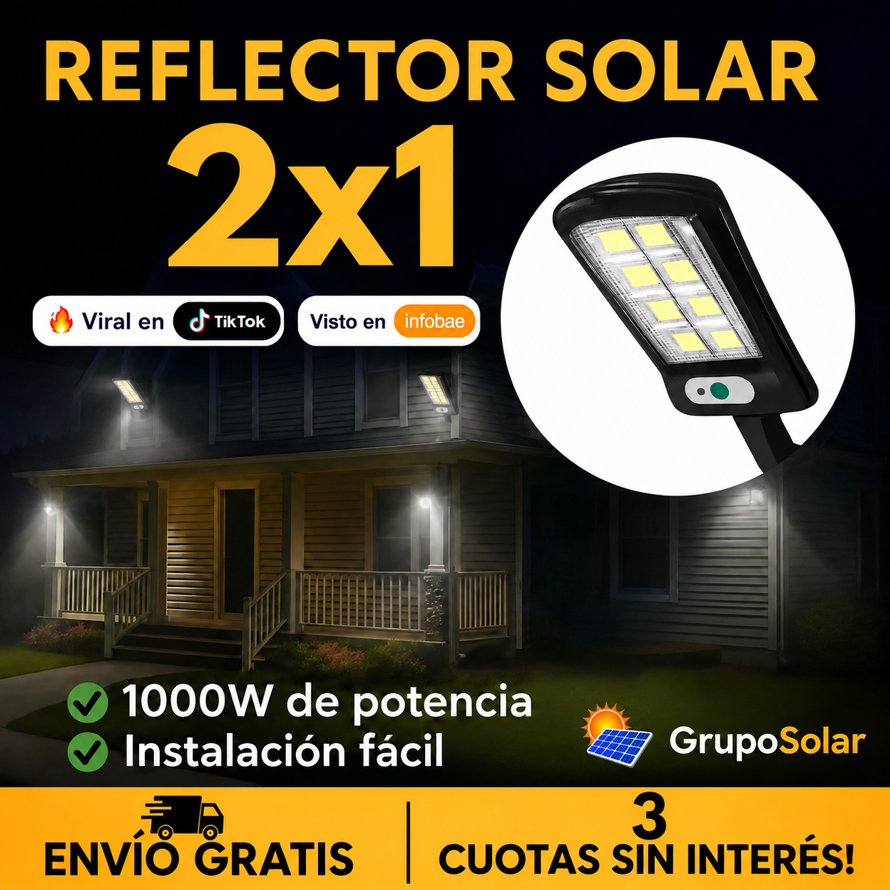 2x1 Reflector Solar Exterior Equivalente a 1000W / Ahorra en tus facturas