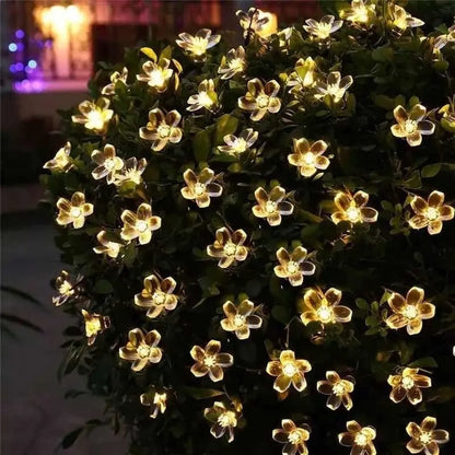 Guirnalda 50led Luz Panel Solar Flor Cerezo 7metros