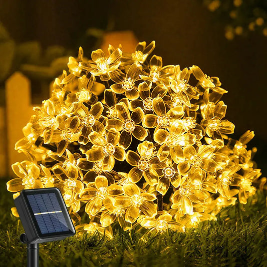 Guirnalda 50led Luz Panel Solar Flor Cerezo 7metros