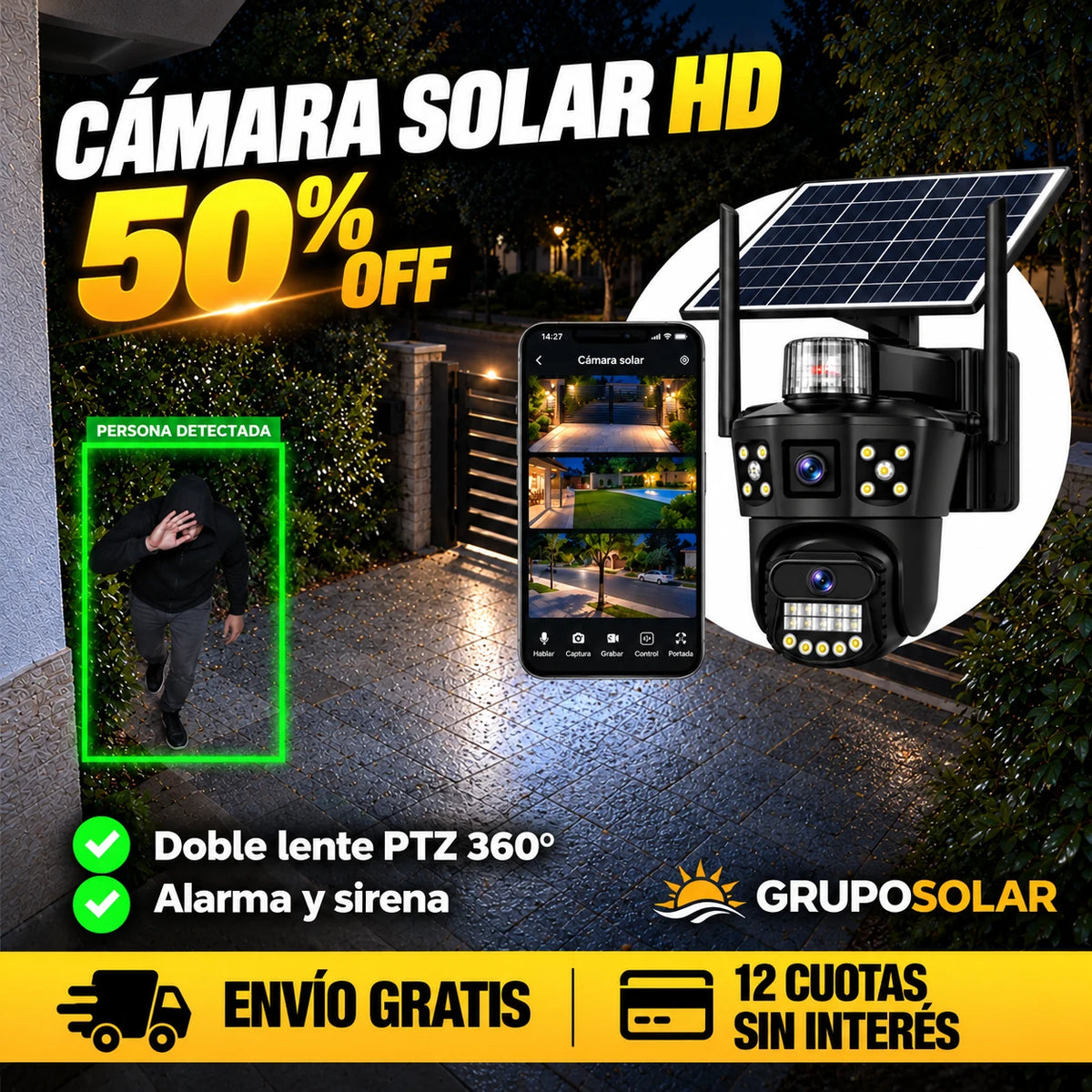Cámara Seguridad Solar Wifi Exterior Ptz 360° Doble Lente Alarma