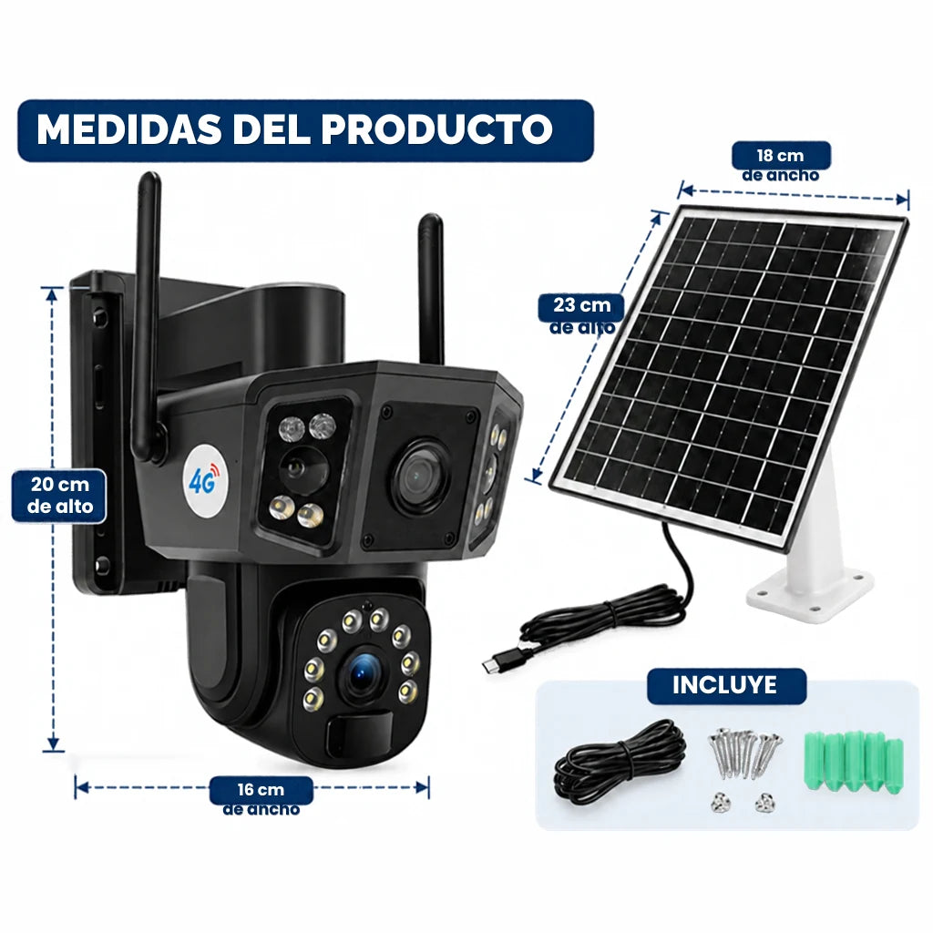 Cámara Seguridad Solar Wifi Exterior Ptz 360° Doble Lente Alarma