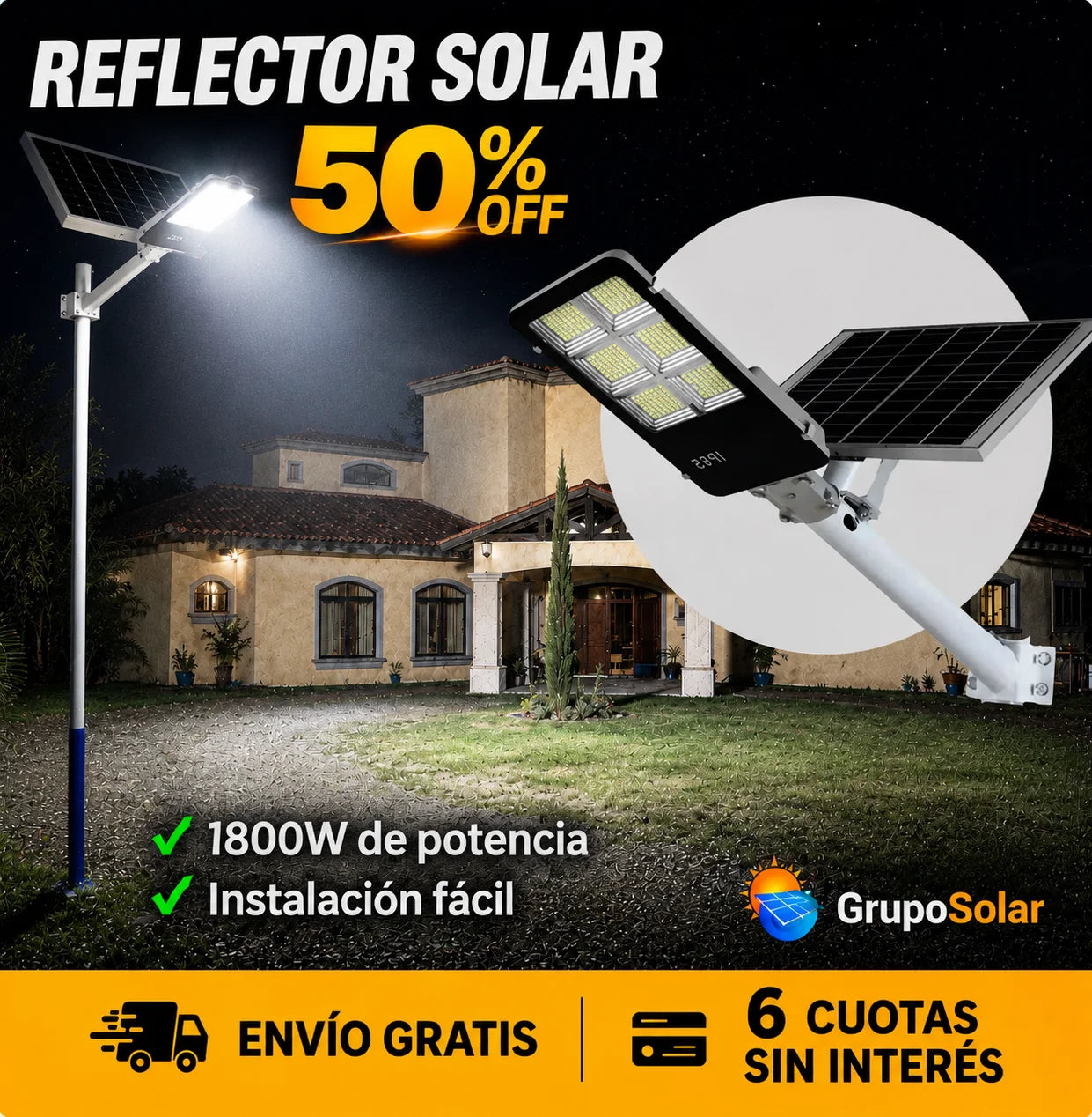 Reflector Led Solar 1800w Con Soporte Panel Y Control