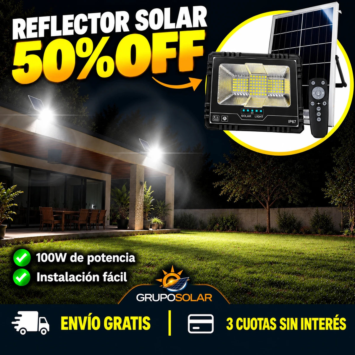 Reflector Led Solar 100w Con Soporte Panel Y Control