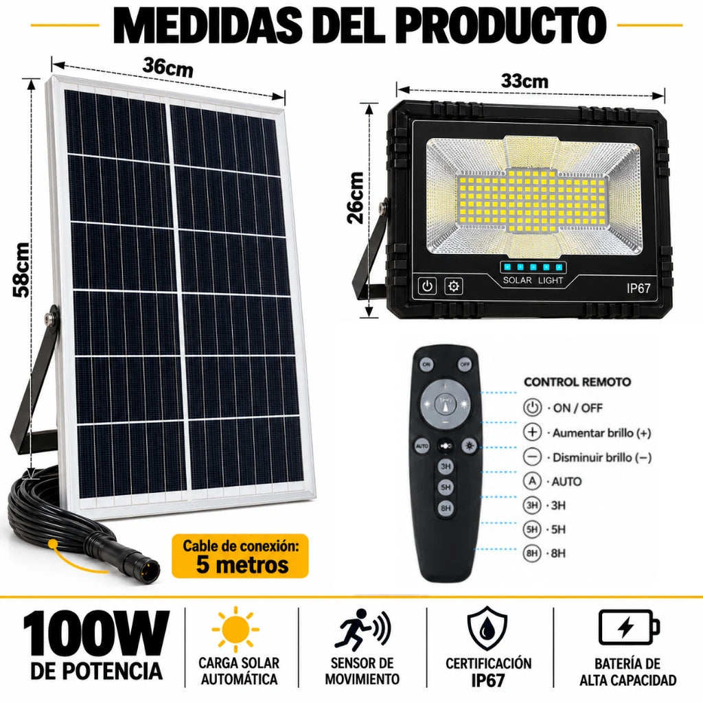 Reflector Led Solar 100w Con Soporte Panel Y Control